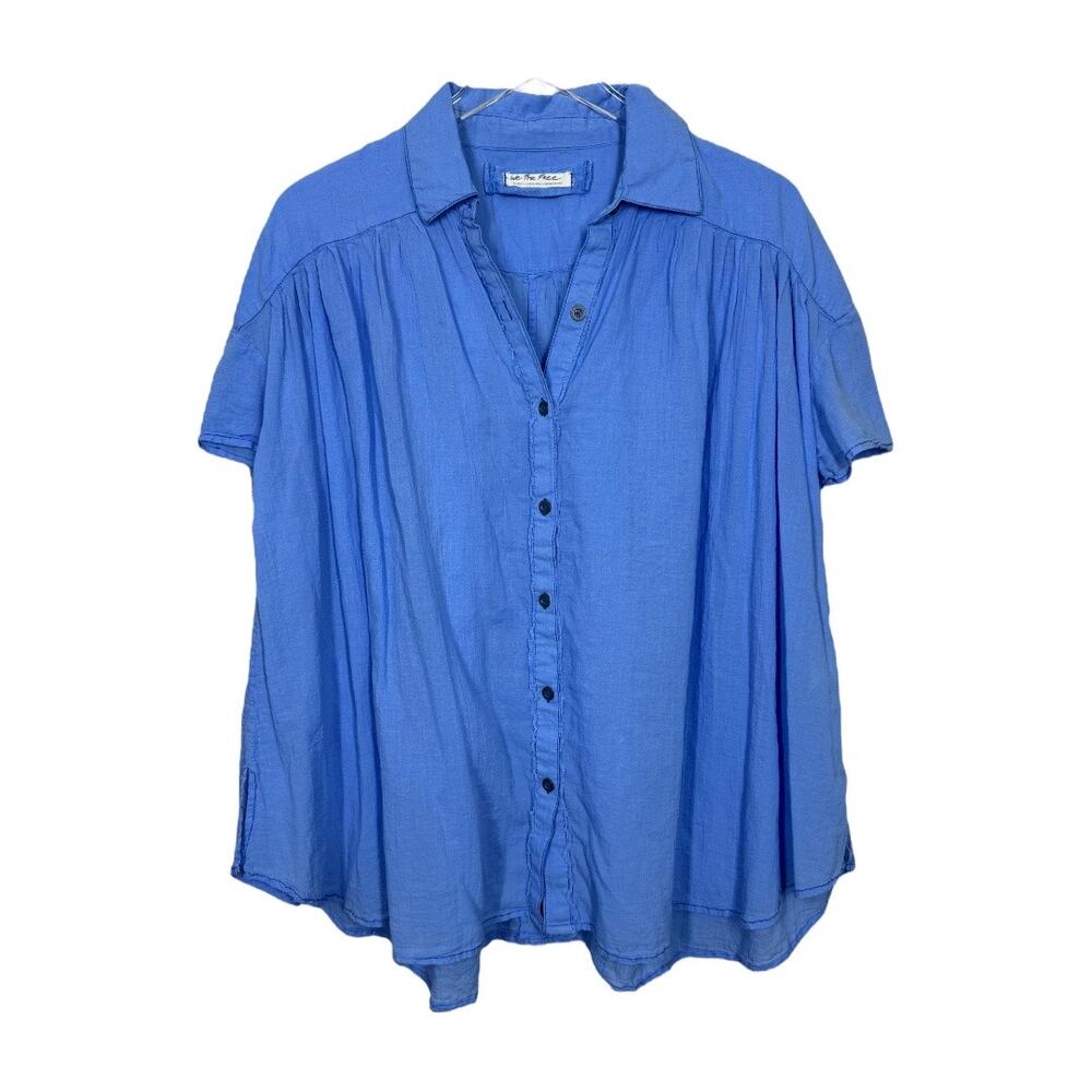 Free People Float Away Button Tee Top XS Blue Vista Oversized Swing Casual Boho